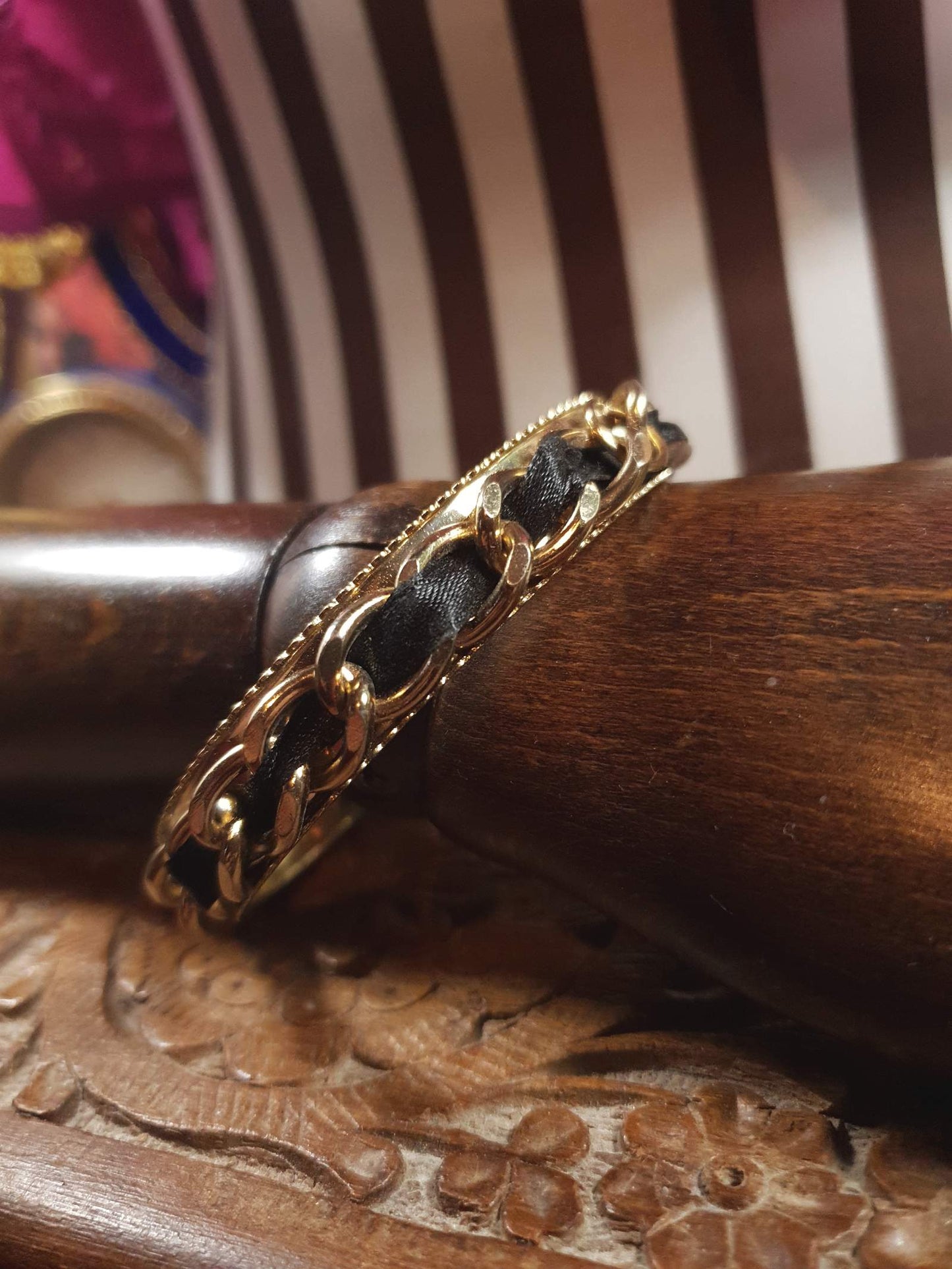 Vintage 1970s Bangle Bracelet Boho Curb Chain Black Ribbon Retro