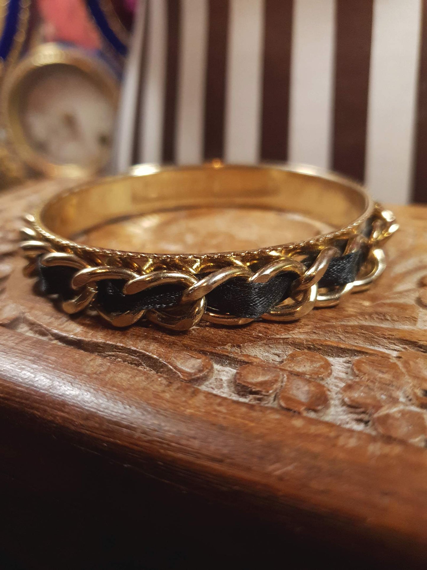 Vintage 1970s Bangle Bracelet Boho Curb Chain Black Ribbon Retro