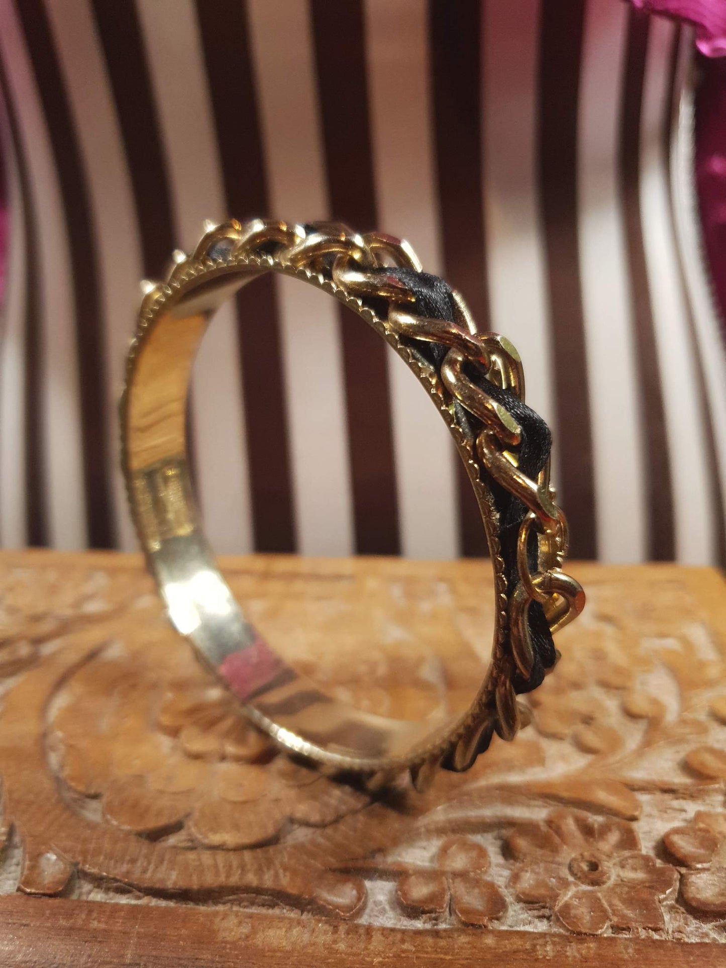 Vintage 1970s Bangle Bracelet Boho Curb Chain Black Ribbon Retro