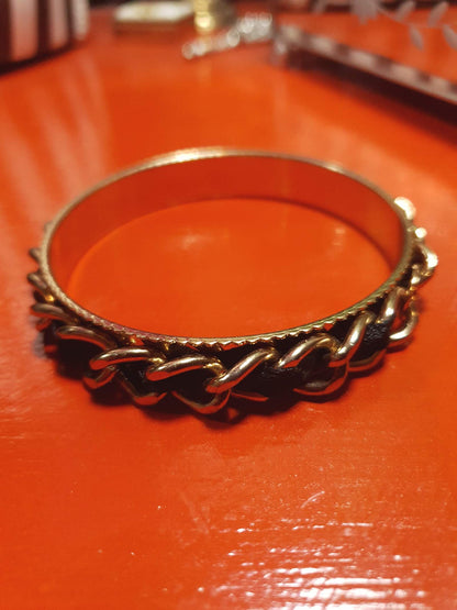 Vintage 1970s Bangle Bracelet Boho Curb Chain Black Ribbon Retro