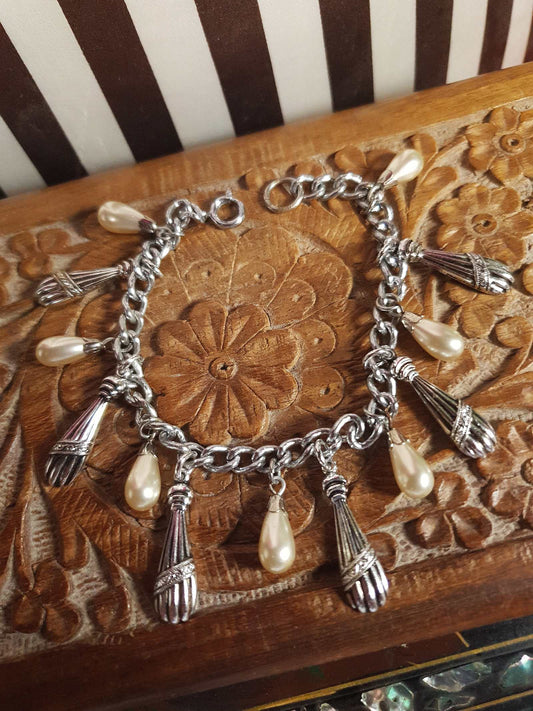 Vintage 1970s Charm Bracelet Teardrop Pearl Silver Tone