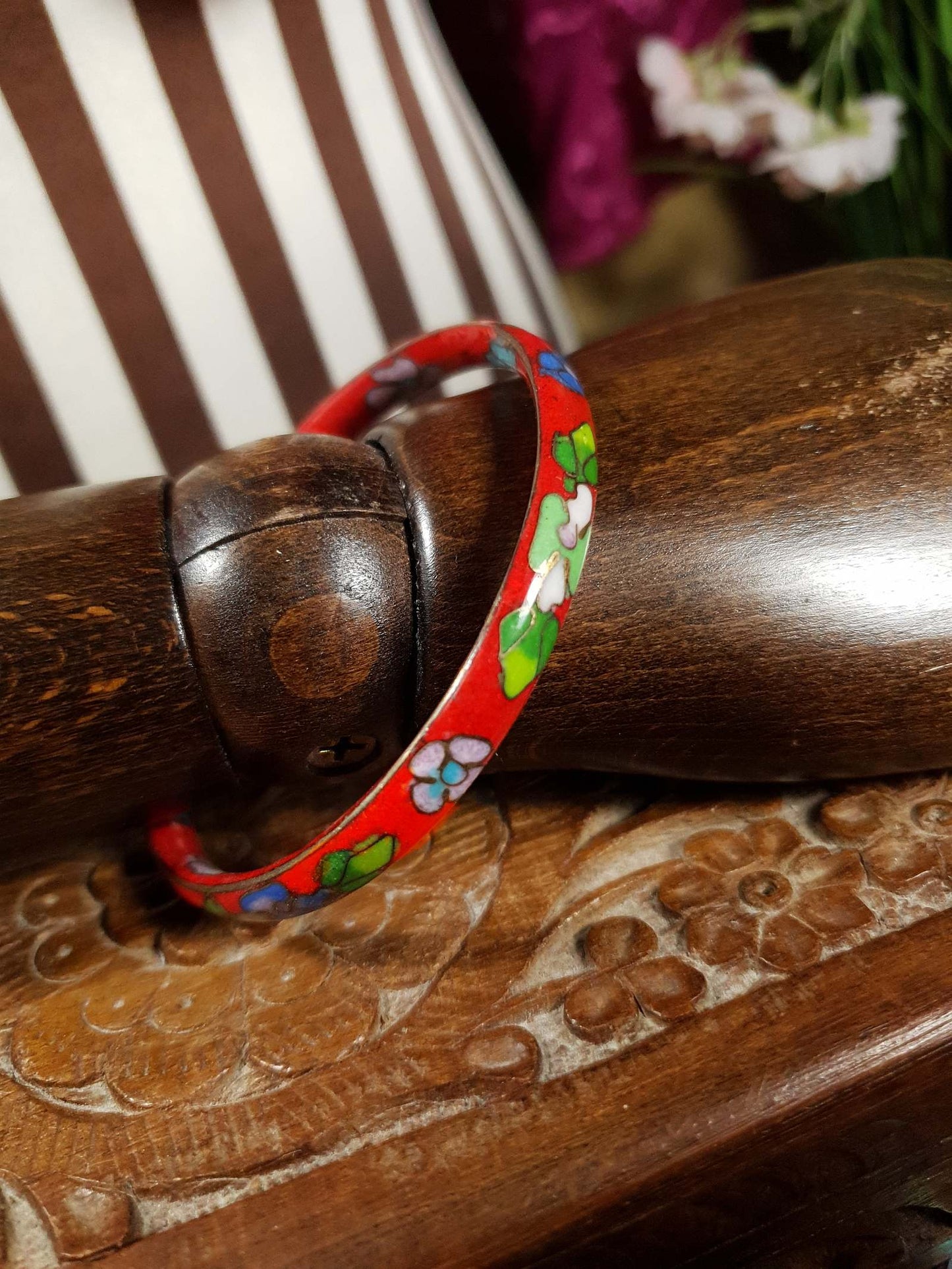 Vintage 1970s Cloisonne Bracelet Bangle Red Boho Bohemian Flower Floral