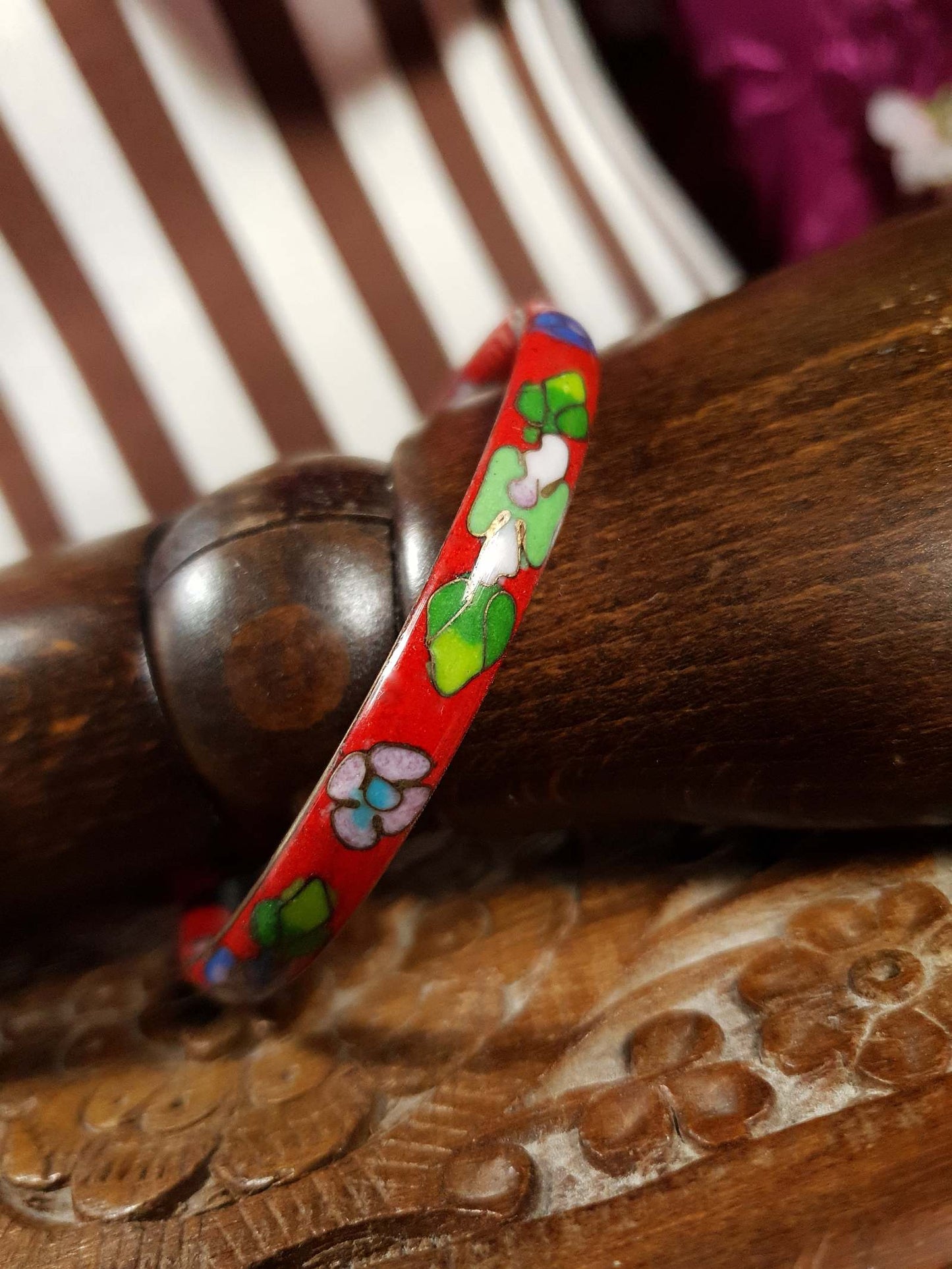 Vintage 1970s Cloisonne Bracelet Bangle Red Boho Bohemian Flower Floral