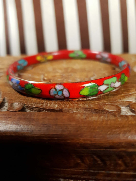 Vintage 1970s Cloisonne Bracelet Bangle Red Boho Bohemian Flower Floral