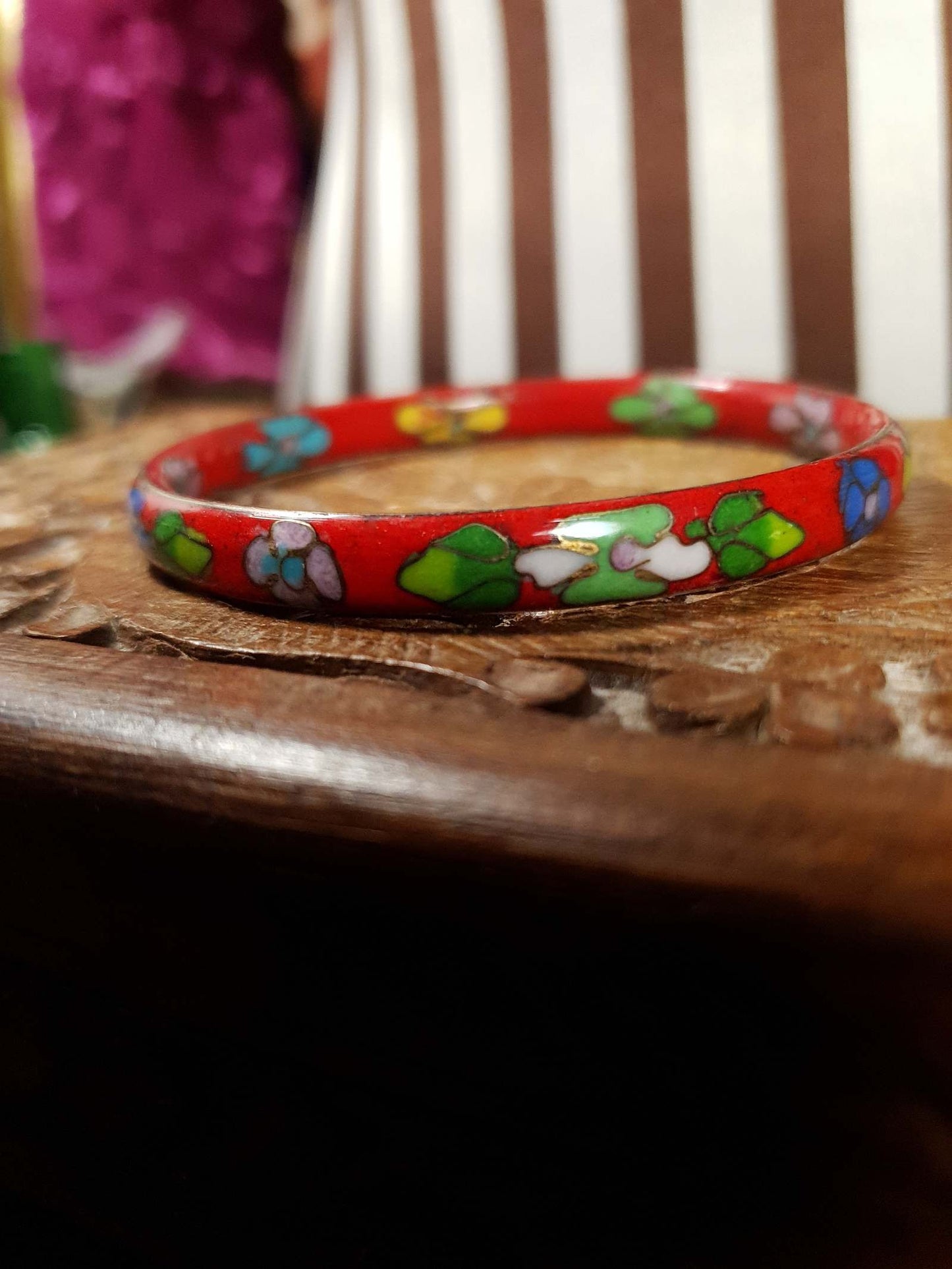 Vintage 1970s Cloisonne Bracelet Bangle Red Boho Bohemian Flower Floral