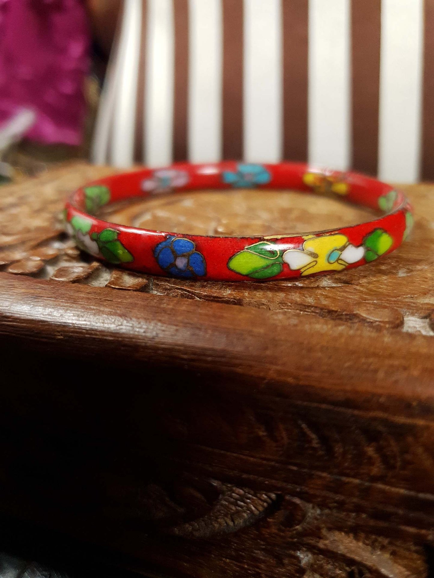 Vintage 1970s Cloisonne Bracelet Bangle Red Boho Bohemian Flower Floral