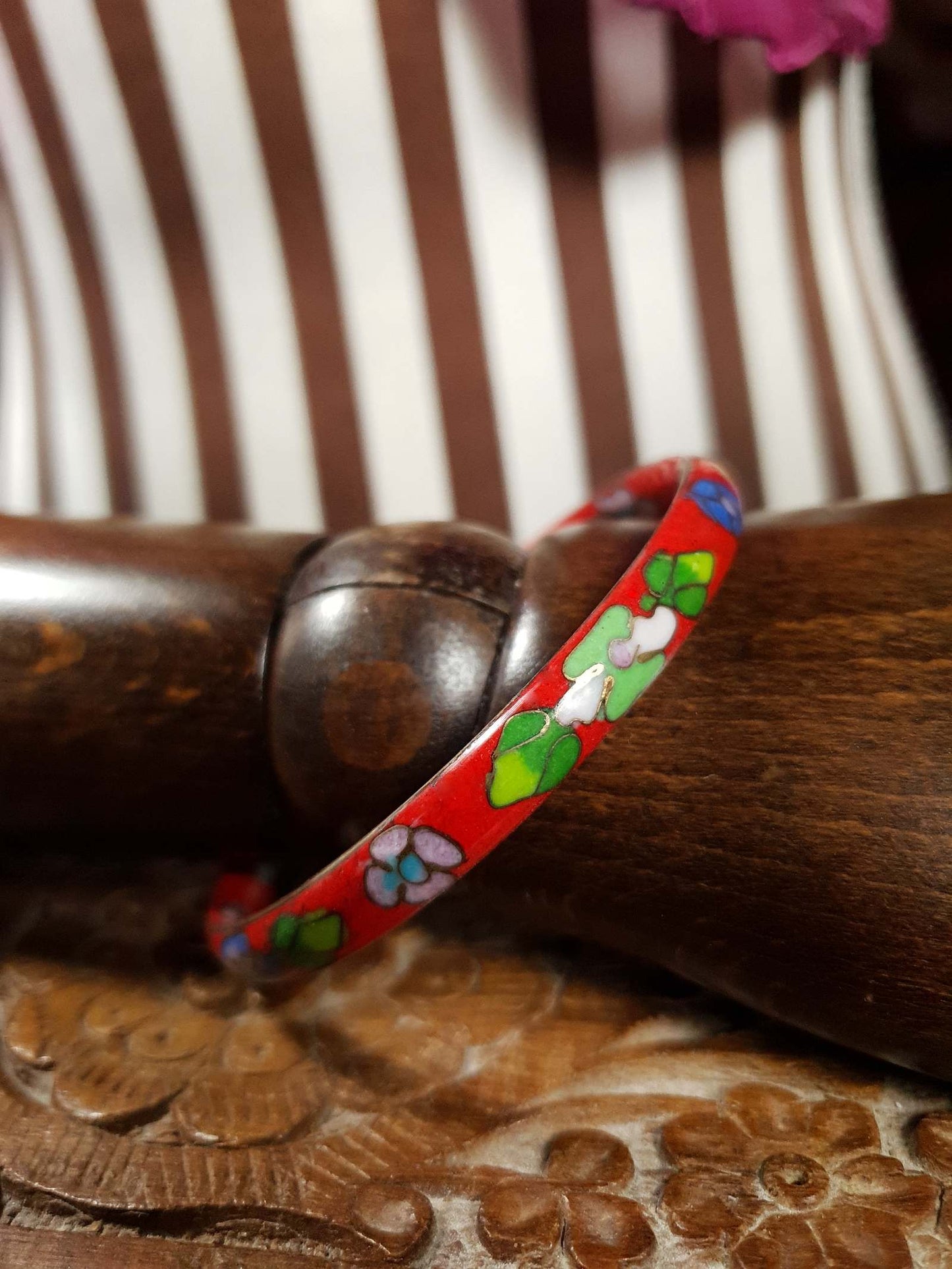 Vintage 1970s Cloisonne Bracelet Bangle Red Boho Bohemian Flower Floral
