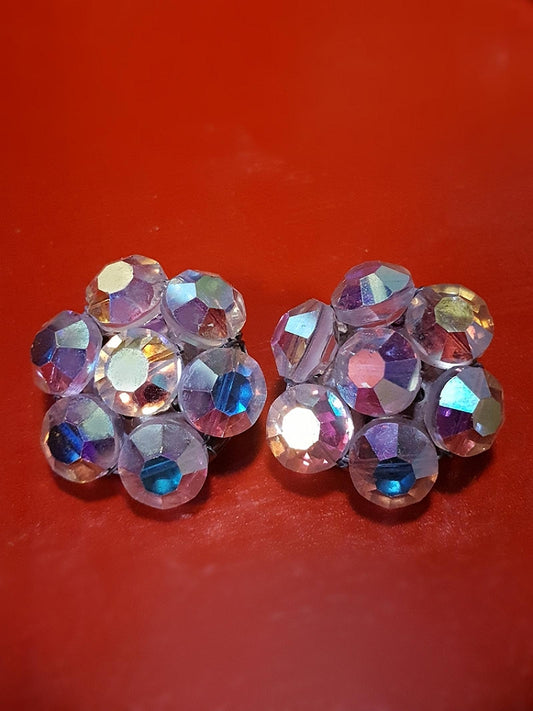 Vintage 1970s Crystal Aurora Borealis Earrings Clip-On AB Retro