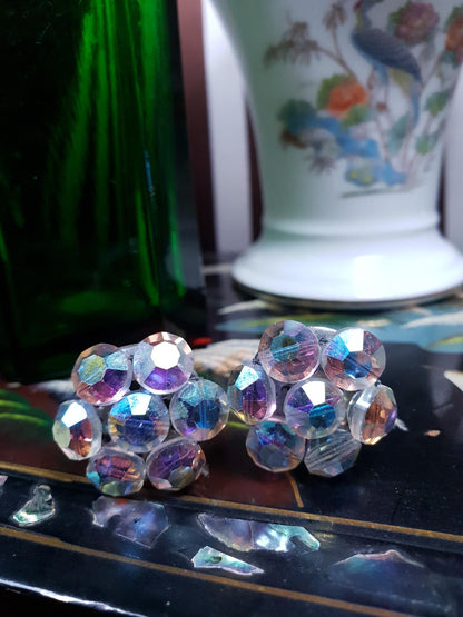 Vintage 1970s Crystal Aurora Borealis Earrings Clip-On AB Retro