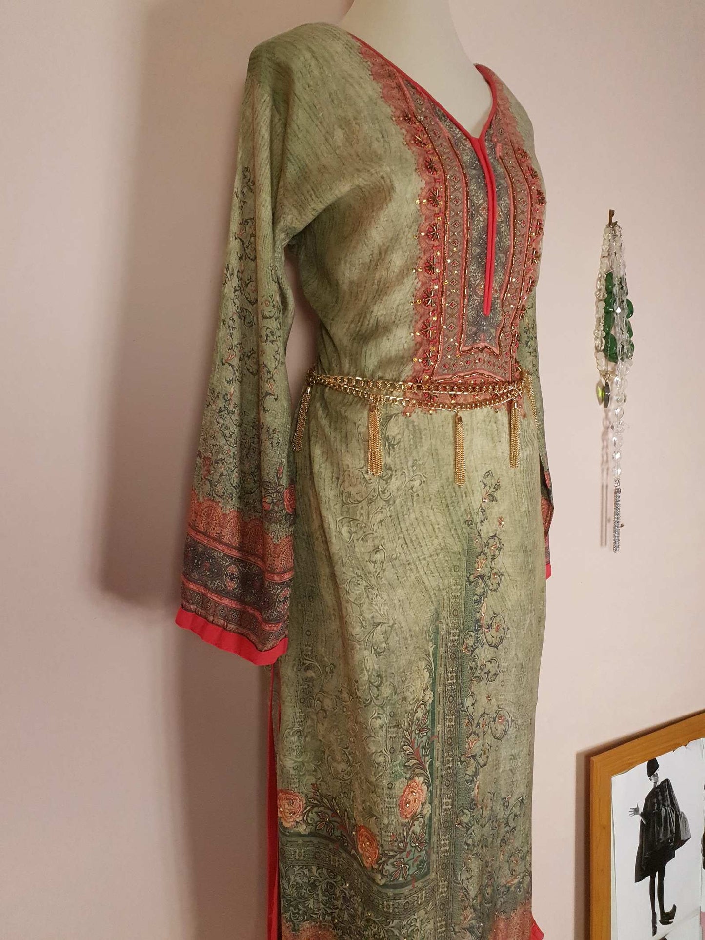 Vintage 1970s Ladies Kaftan Green & Pink Boho Retro Bohemian Beaded Maxi Caftan