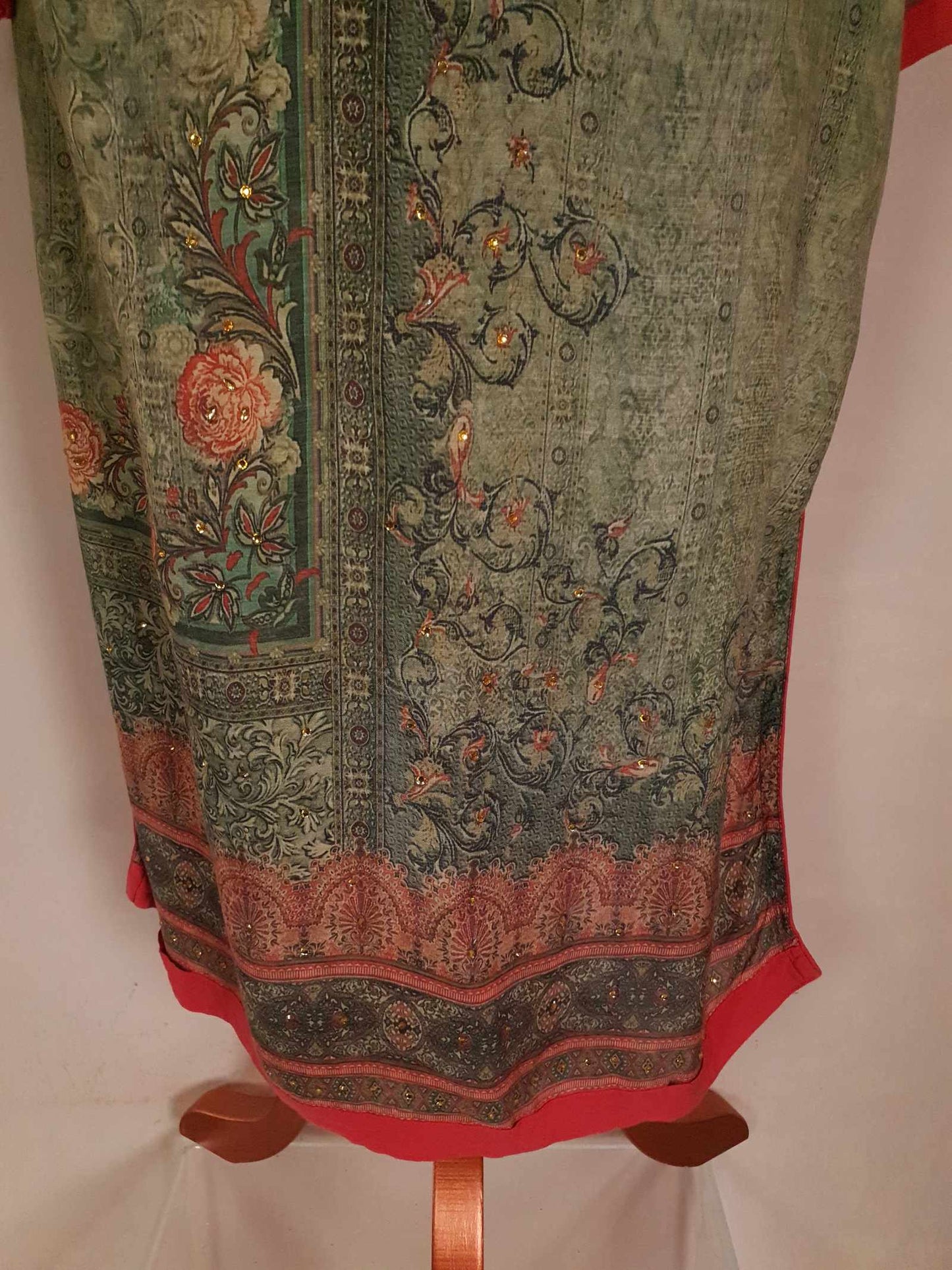 Vintage 1970s Ladies Kaftan Green & Pink Boho Retro Bohemian Beaded Maxi Caftan