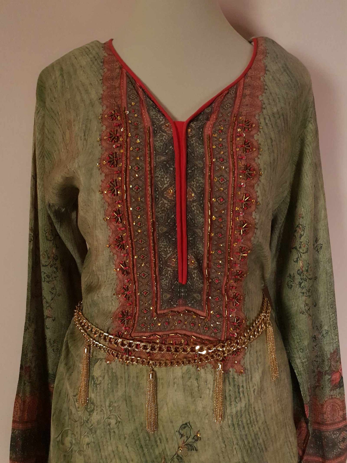 Vintage 1970s Ladies Kaftan Green & Pink Boho Retro Bohemian Beaded Maxi Caftan