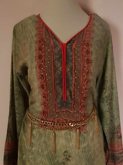 Vintage 1970s Ladies Kaftan Green & Pink Boho Retro Bohemian Beaded Maxi Caftan