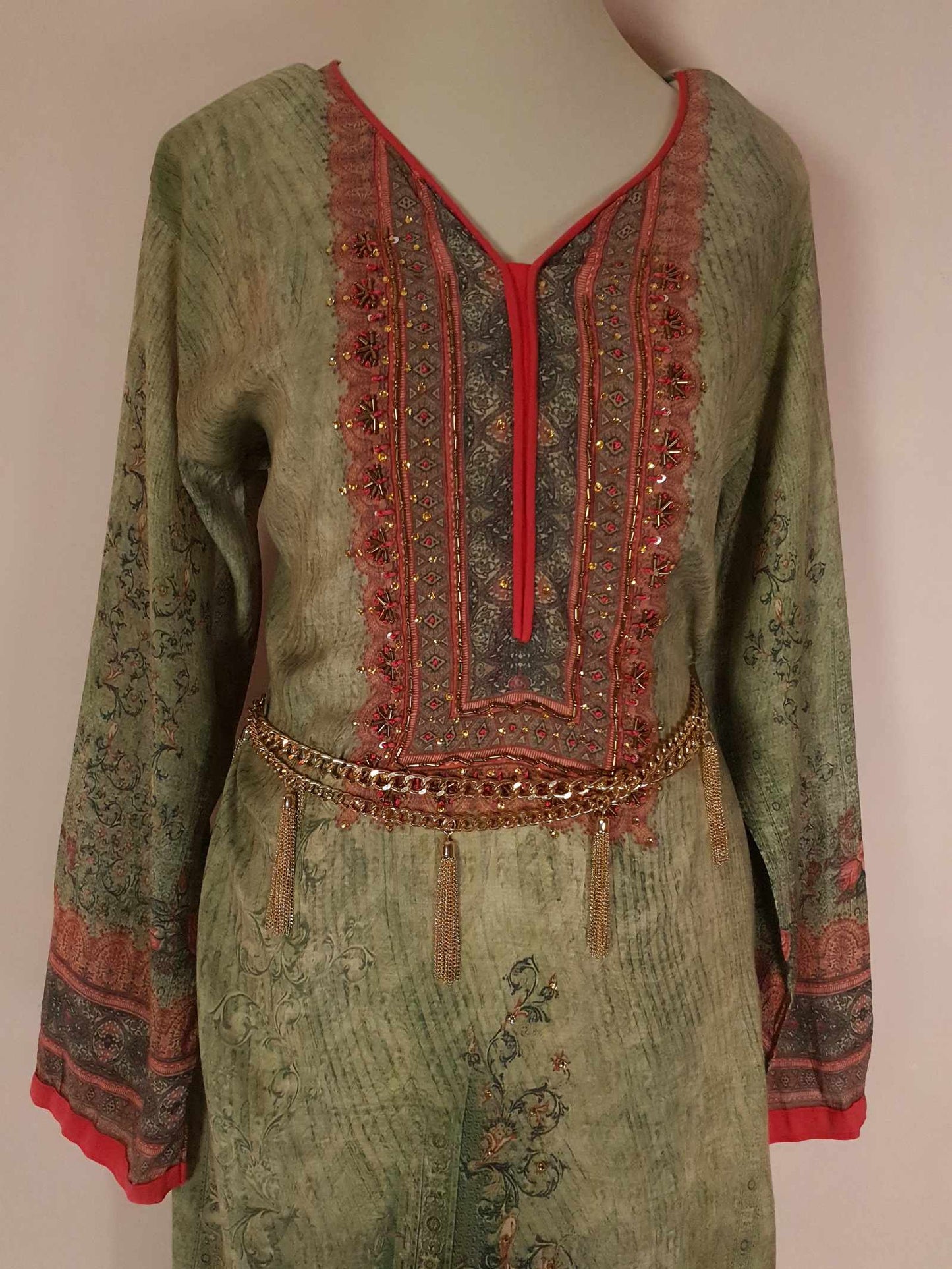 Vintage 1970s Ladies Kaftan Green & Pink Boho Retro Bohemian Beaded Maxi Caftan