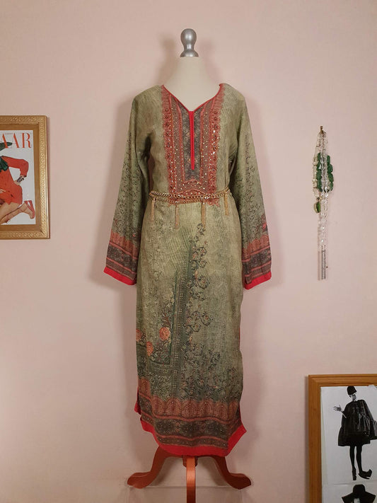 Vintage 1970s Ladies Kaftan Green & Pink Boho Retro Bohemian Beaded Maxi Caftan