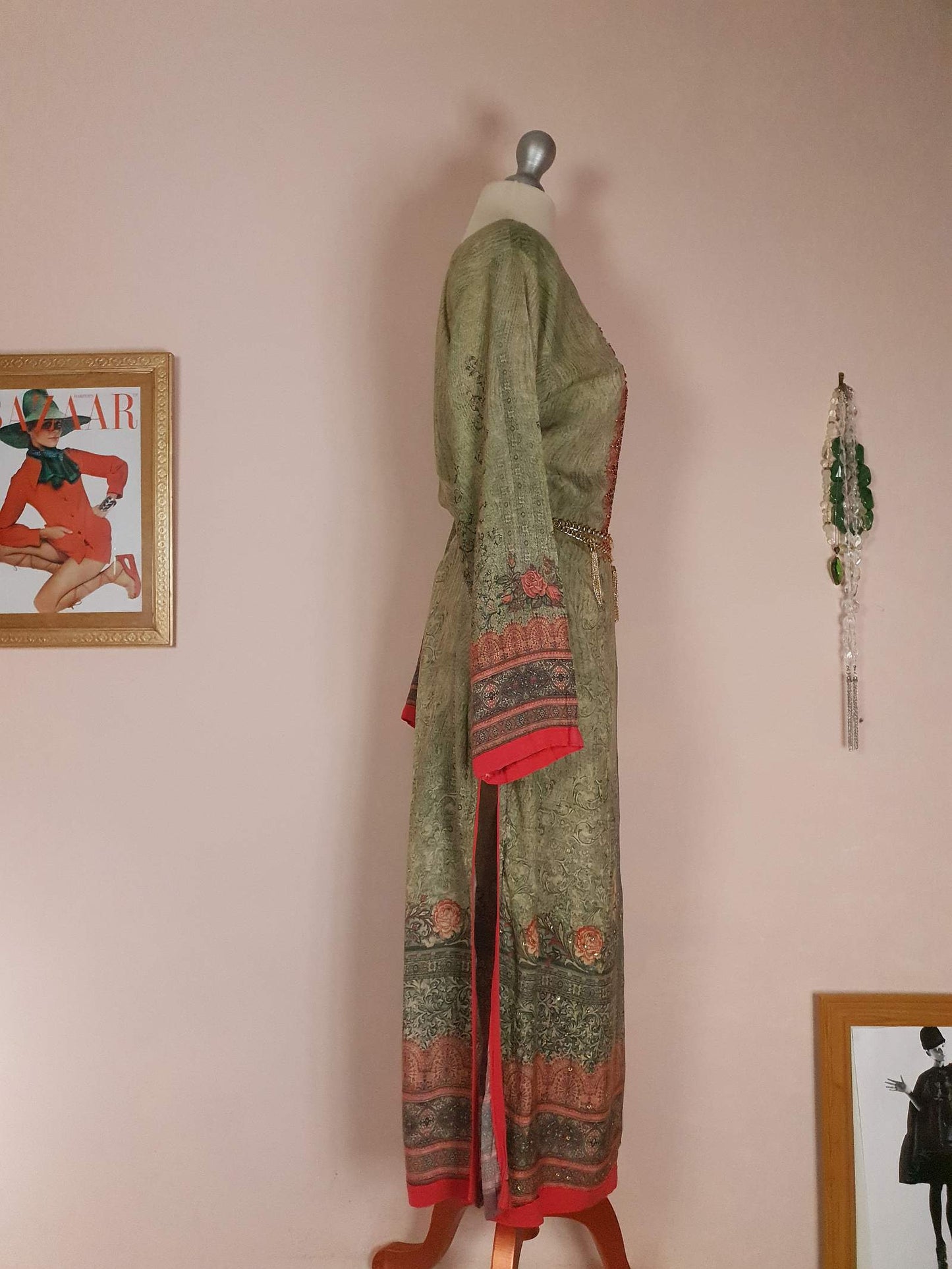 Vintage 1970s Ladies Kaftan Green & Pink Boho Retro Bohemian Beaded Maxi Caftan
