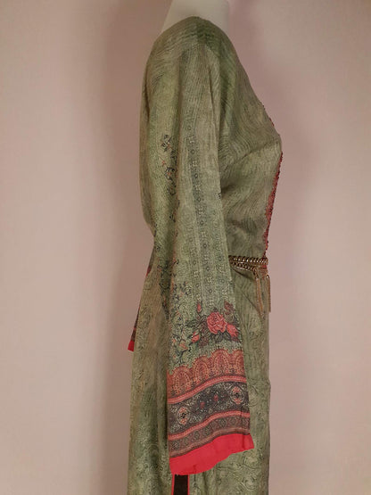 Vintage 1970s Ladies Kaftan Green & Pink Boho Retro Bohemian Beaded Maxi Caftan
