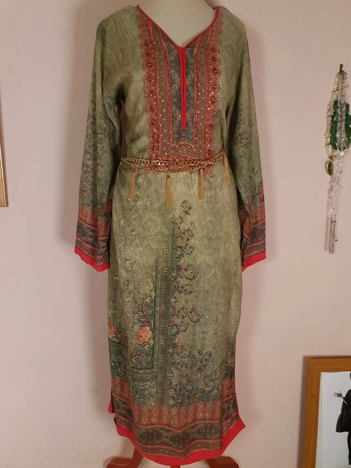 Vintage 1970s Ladies Kaftan Green & Pink Boho Retro Bohemian Beaded Maxi Caftan