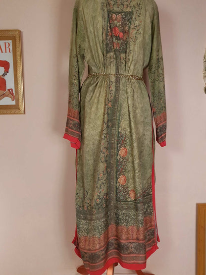 Vintage 1970s Ladies Kaftan Green & Pink Boho Retro Bohemian Beaded Maxi Caftan