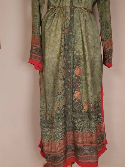 Vintage 1970s Ladies Kaftan Green & Pink Boho Retro Bohemian Beaded Maxi Caftan