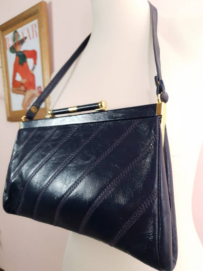 English Classics - Vintage 1970s Jane Shilton Navy Blue Leather Shoulder Bag Handbag