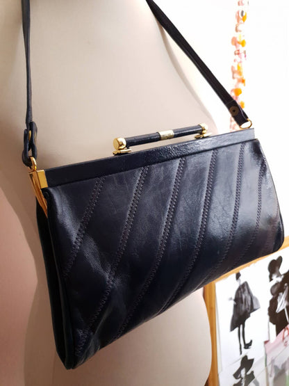 English Classics - Vintage 1970s Jane Shilton Navy Blue Leather Shoulder Bag Handbag