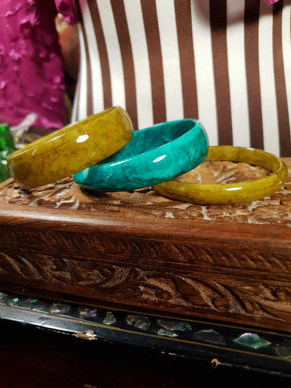 Vintage 1970s Marbled Resin Bangles Green Turquoise Bracelet Set Of Three Retro