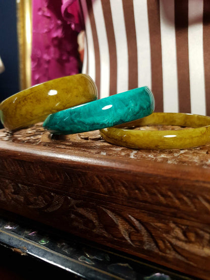 Vintage 1970s Marbled Resin Bangles Green Turquoise Bracelet Set Of Three Retro