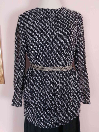 Vintage 1970s Black White Chiffon Dress Pleated Drop Waist Size 8/10