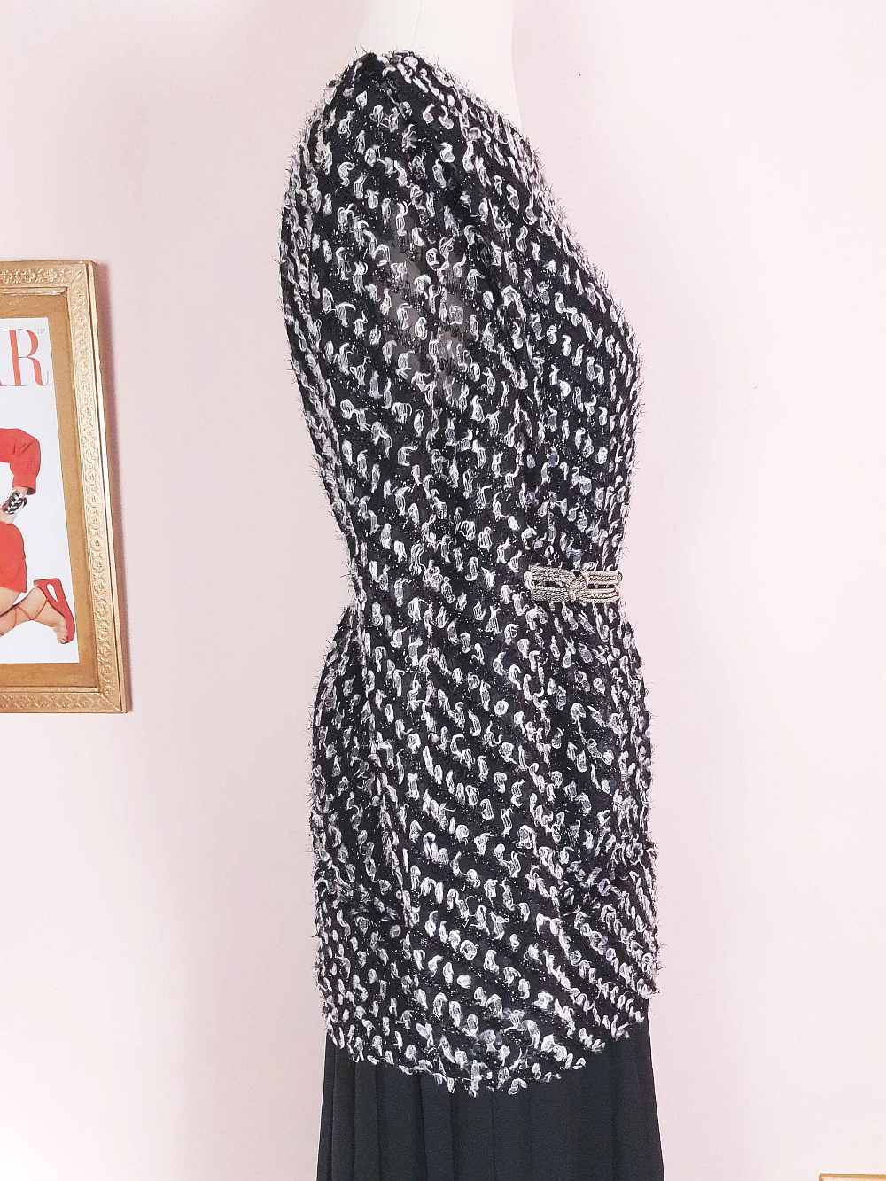 Vintage 1970s Black White Chiffon Dress Pleated Drop Waist Size 8/10