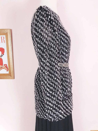 Vintage 1970s Black White Chiffon Dress Pleated Drop Waist Size 8/10