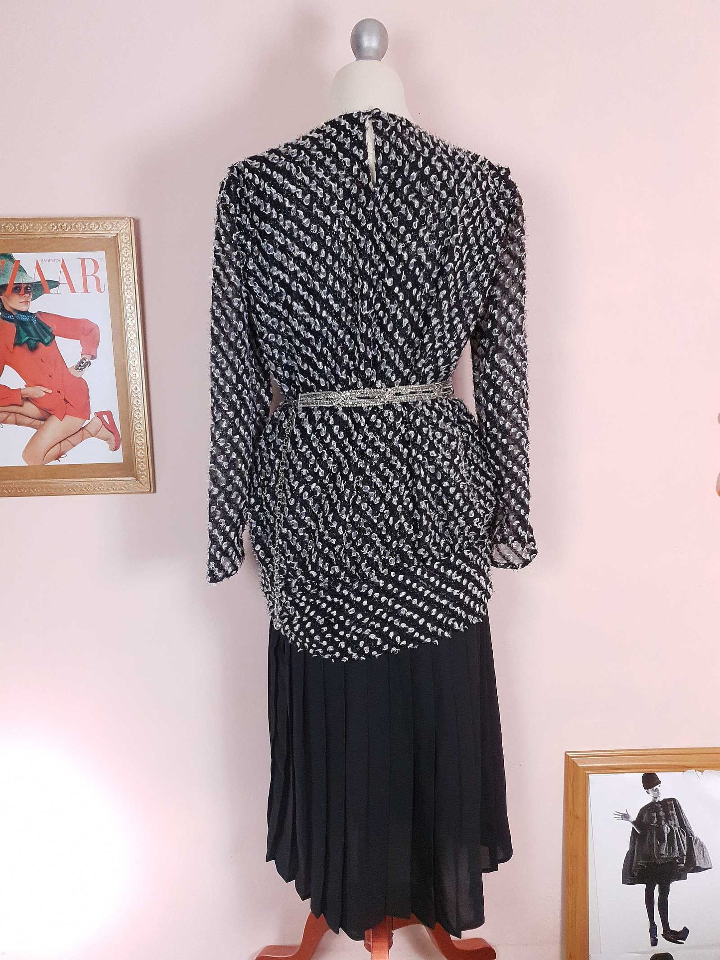 Vintage 1970s Black White Chiffon Dress Pleated Drop Waist Size 8/10