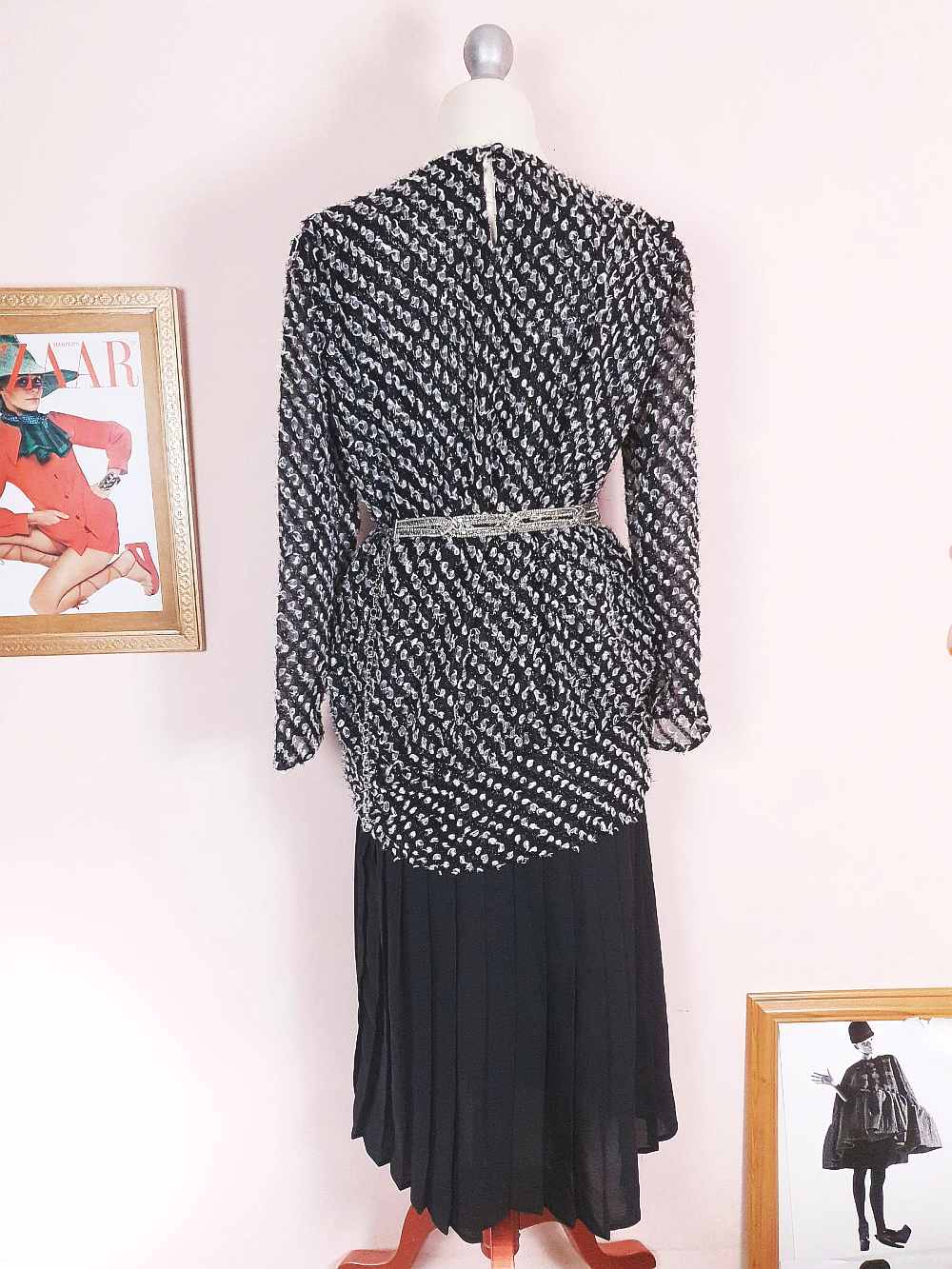 Vintage 1970s Black White Chiffon Dress Pleated Drop Waist Size 8/10