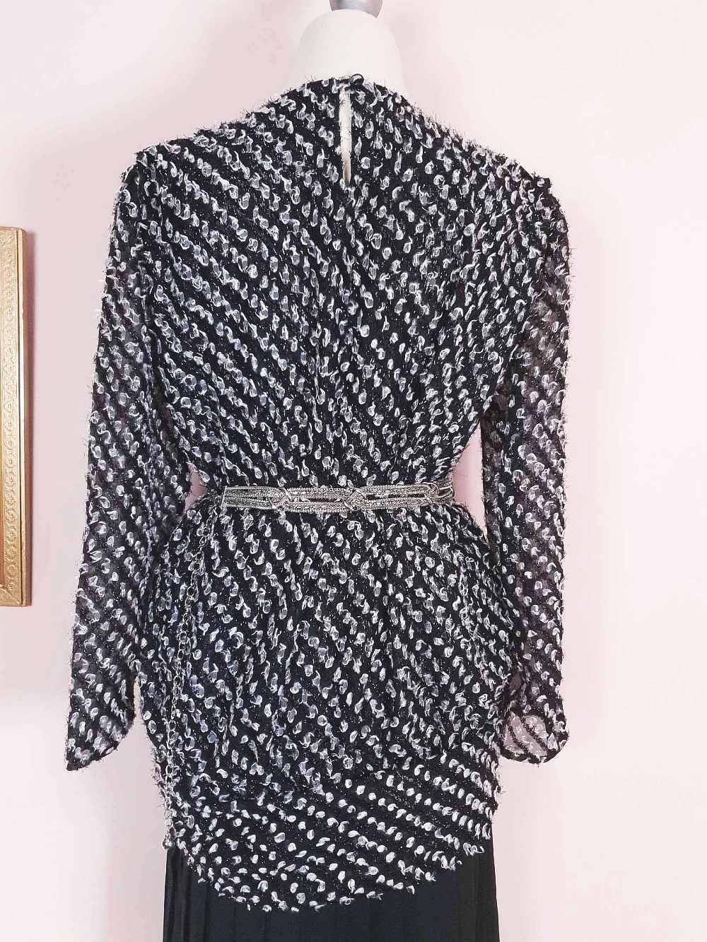 Vintage 1970s Black White Chiffon Dress Pleated Drop Waist Size 8/10