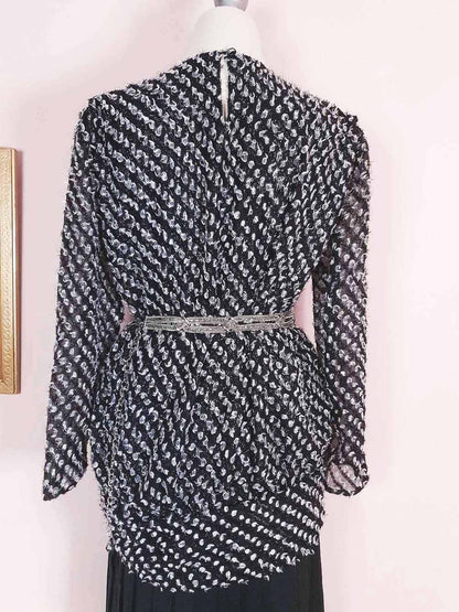 Vintage 1970s Black White Chiffon Dress Pleated Drop Waist Size 8/10