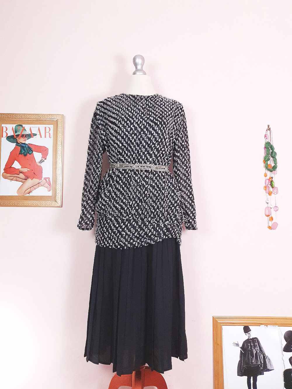 Vintage 1970s Black White Chiffon Dress Pleated Drop Waist Size 8/10