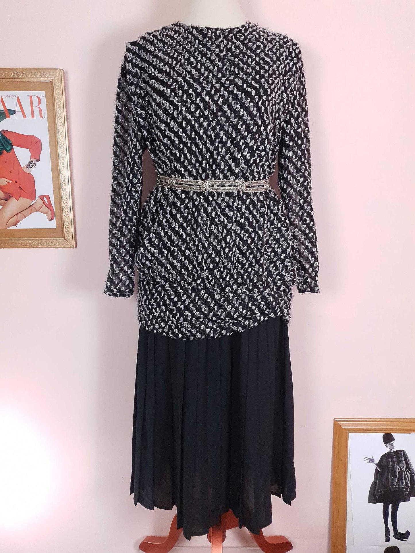 Vintage 1970s Black White Chiffon Dress Pleated Drop Waist Size 8/10