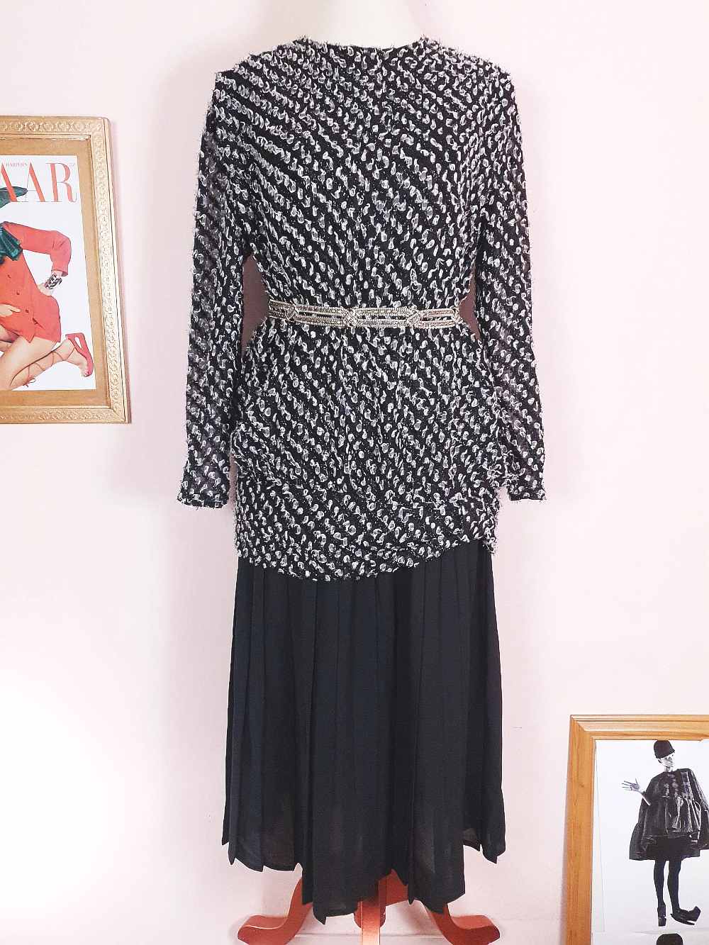Vintage 1970s Black White Chiffon Dress Pleated Drop Waist Size 8/10