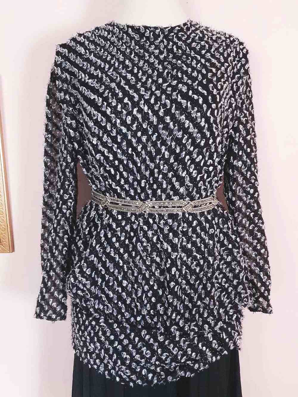 Vintage 1970s Black White Chiffon Dress Pleated Drop Waist Size 8/10