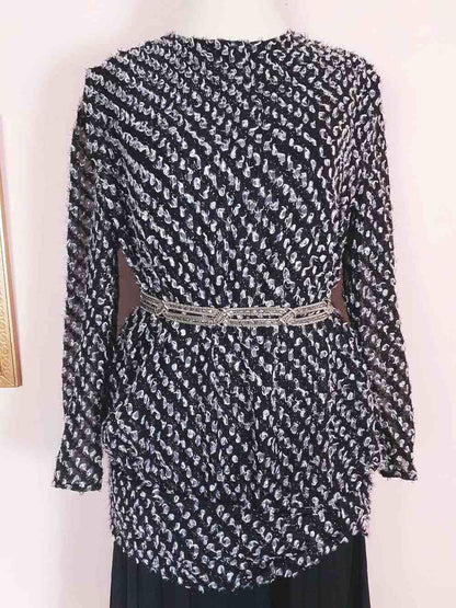 Vintage 1970s Black White Chiffon Dress Pleated Drop Waist Size 8/10