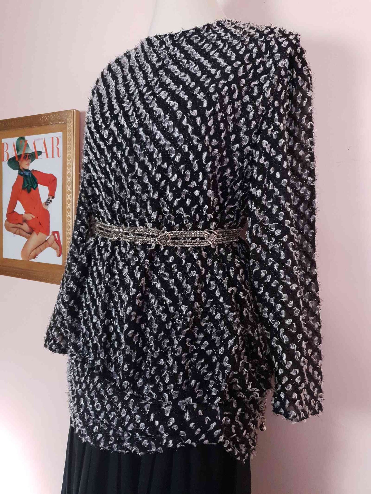 Vintage 1970s Black White Chiffon Dress Pleated Drop Waist Size 8/10