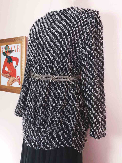 Vintage 1970s Black White Chiffon Dress Pleated Drop Waist Size 8/10