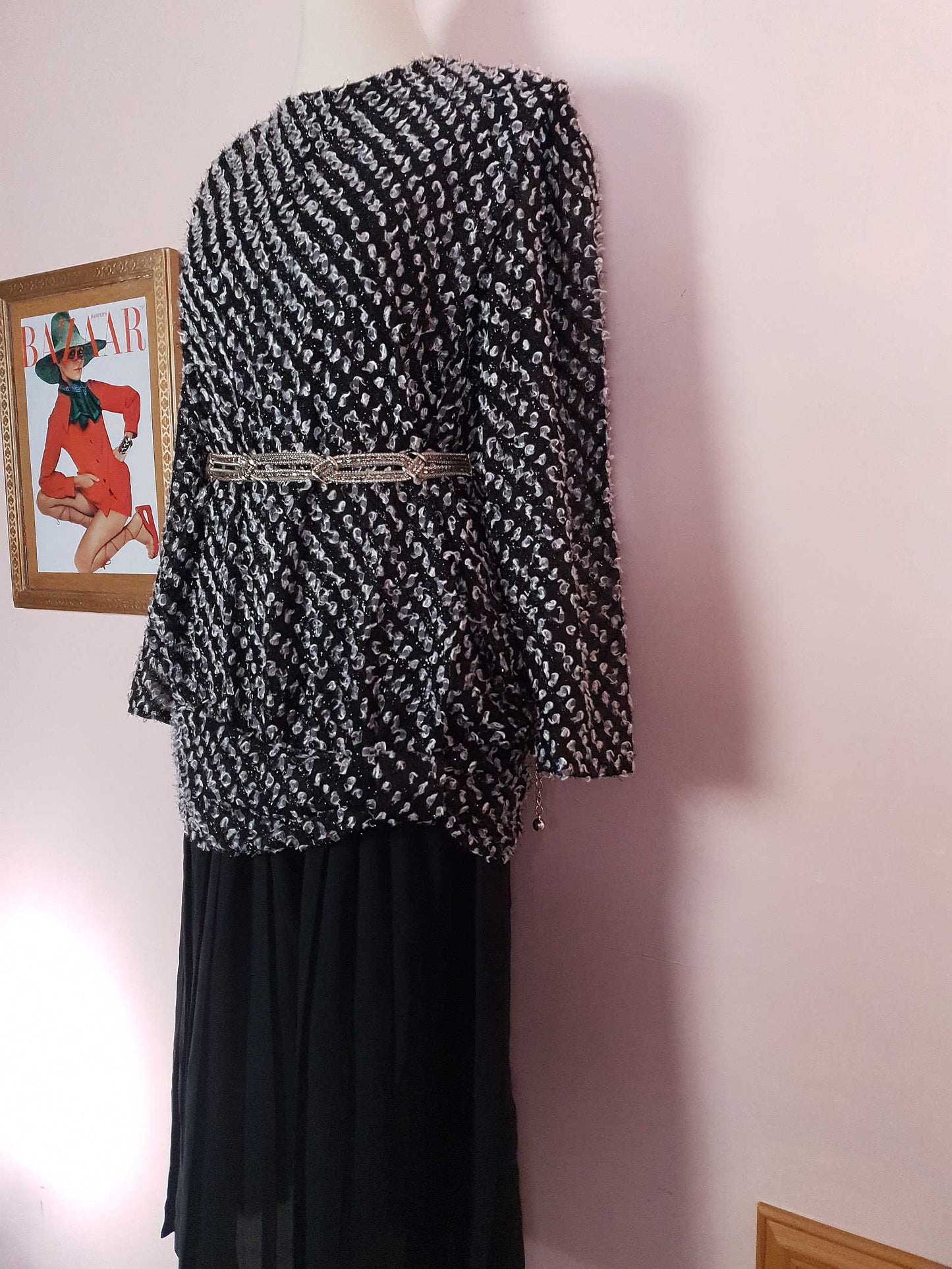 Vintage 1970s Black White Chiffon Dress Pleated Drop Waist Size 8/10
