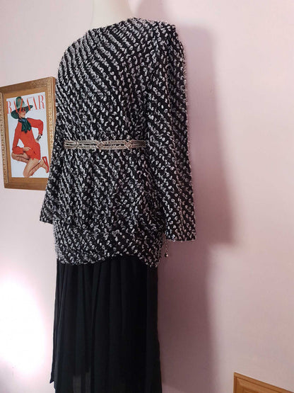 Vintage 1970s Black White Chiffon Dress Pleated Drop Waist Size 8/10