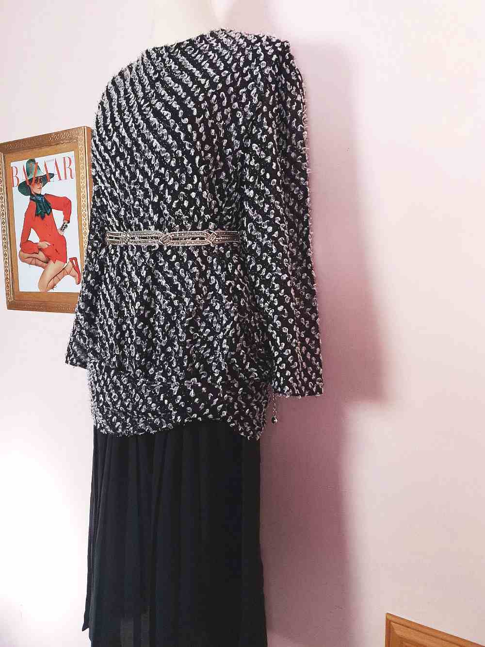Vintage 1970s Black White Chiffon Dress Pleated Drop Waist Size 8/10