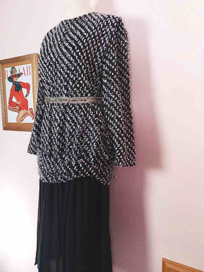 Vintage 1970s Black White Chiffon Dress Pleated Drop Waist Size 8/10