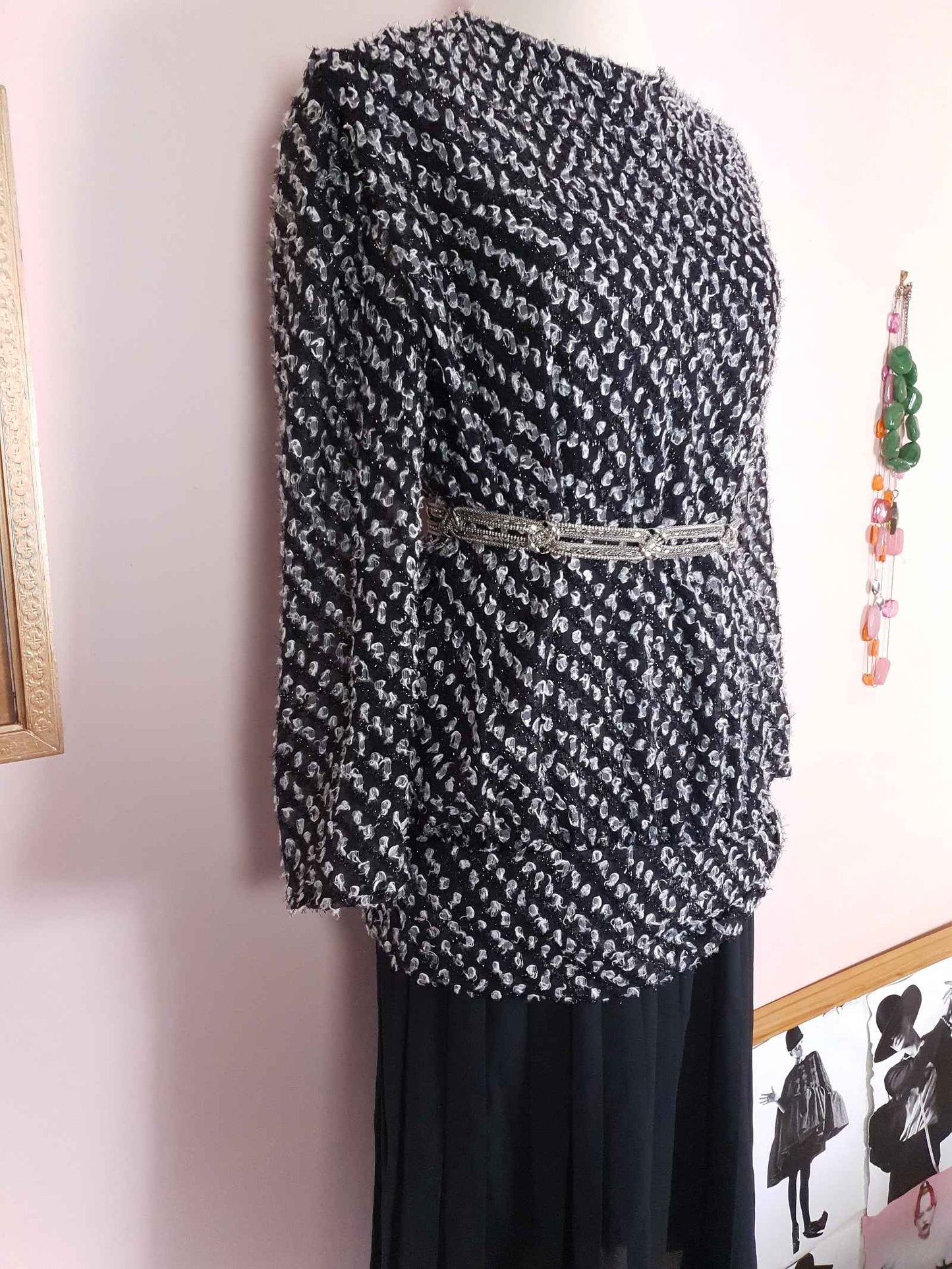 Vintage 1970s Black White Chiffon Dress Pleated Drop Waist Size 8/10