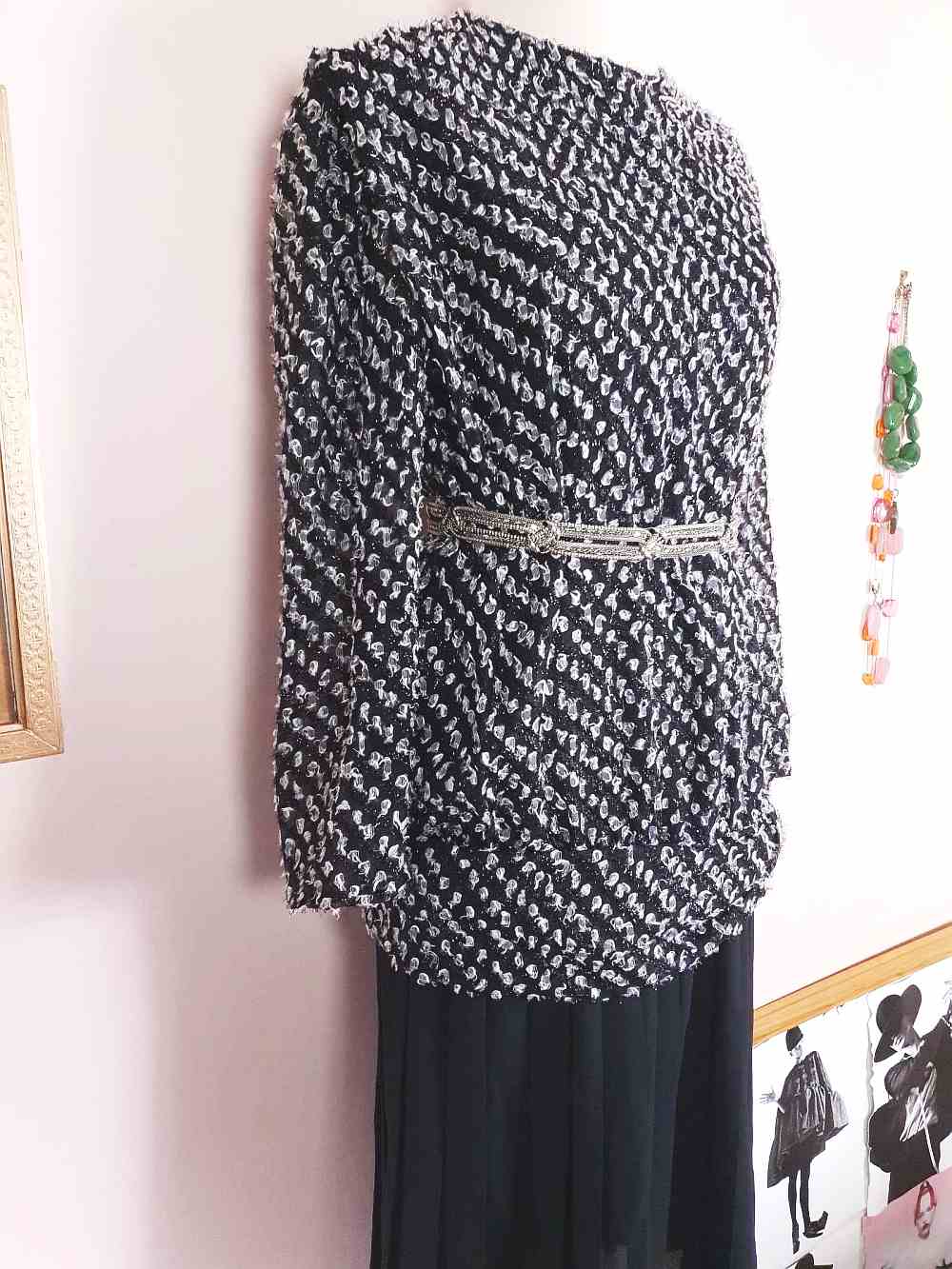 Vintage 1970s Black White Chiffon Dress Pleated Drop Waist Size 8/10