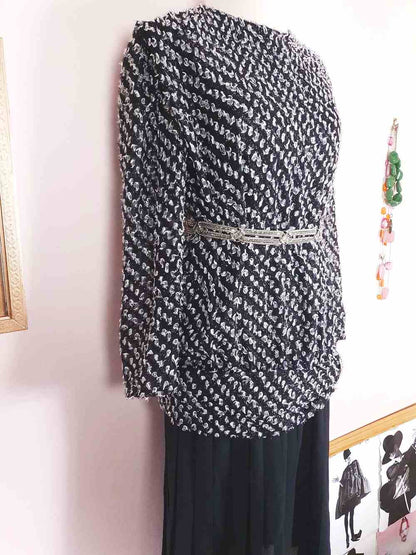 Vintage 1970s Black White Chiffon Dress Pleated Drop Waist Size 8/10