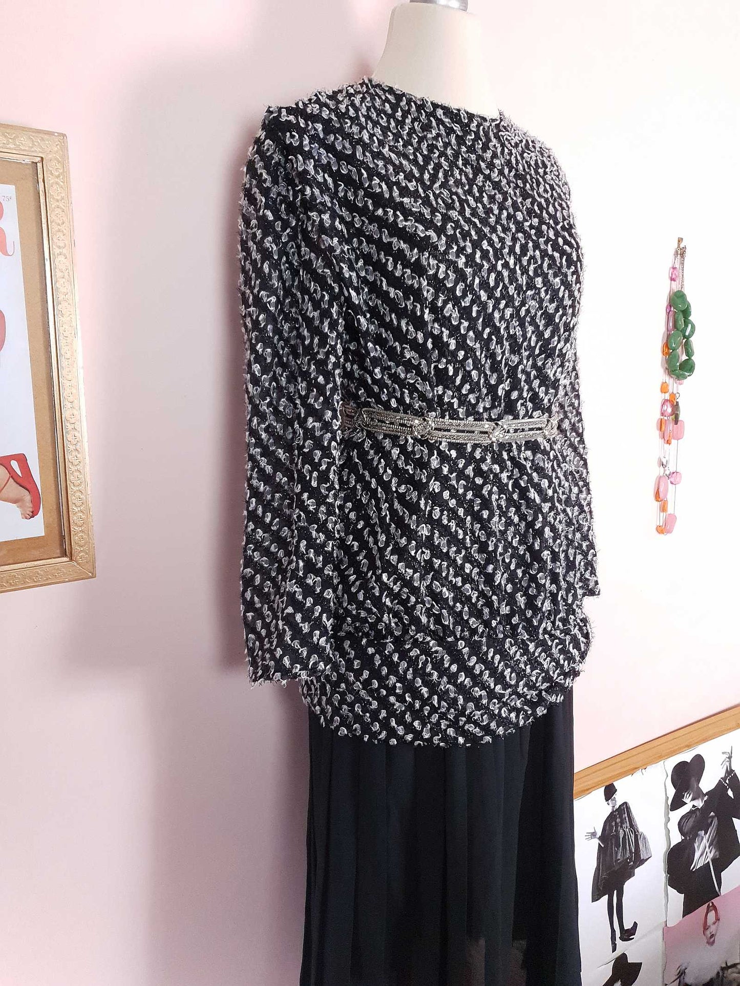 Vintage 1970s Black White Chiffon Dress Pleated Drop Waist Size 8/10